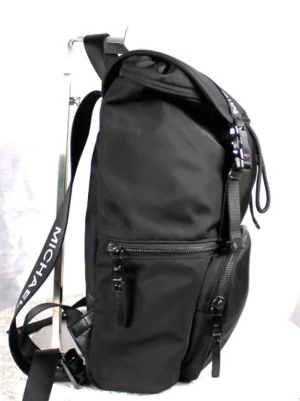 Michael Kors Black Nylon Backpack Logo Strap Buckle Drawstring Travel Bag